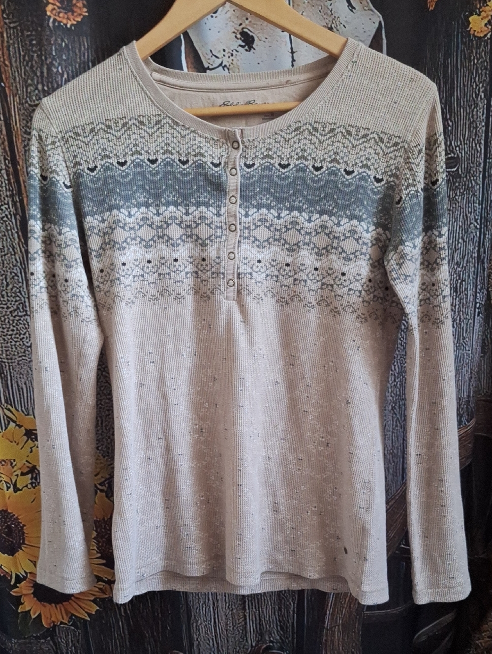 Eddie Bauer Beige and Gray Long Sleeve Henley Sweater Tee